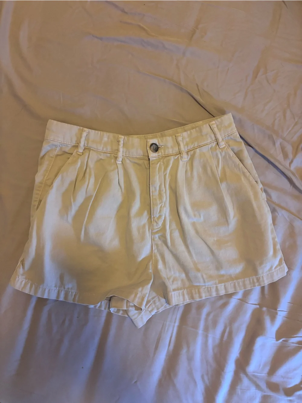 Free People High-Rise Billie Chino Pleated Khaki Shorts in Almond Milk